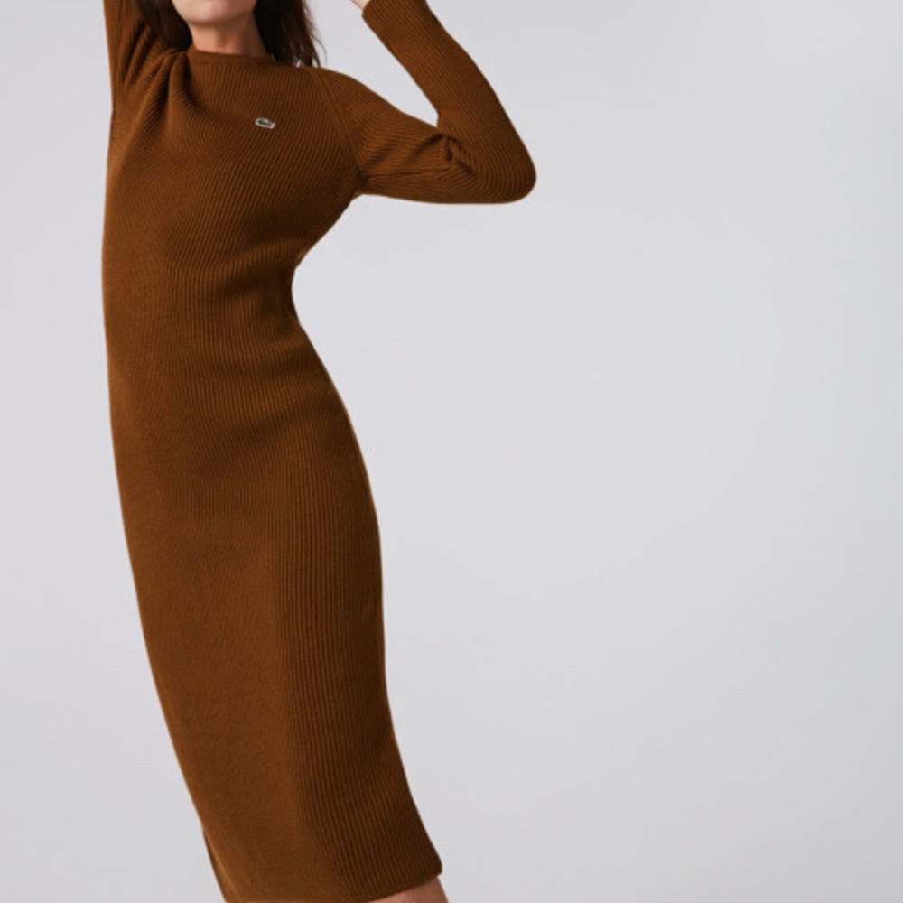 Lacoste Ribbed Long-Sleeve Knit Dress in Brown